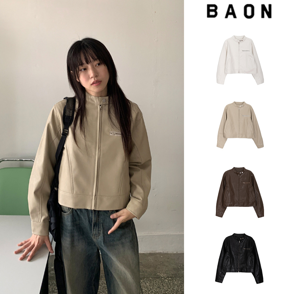【BAON】Hepo non-collar cropped leather jumper