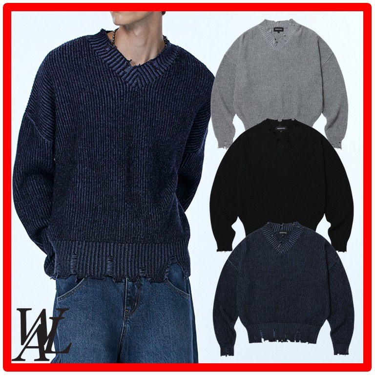 ★韓国の人気★【WOOALONG】★V-neck damage kni.t★ニット★