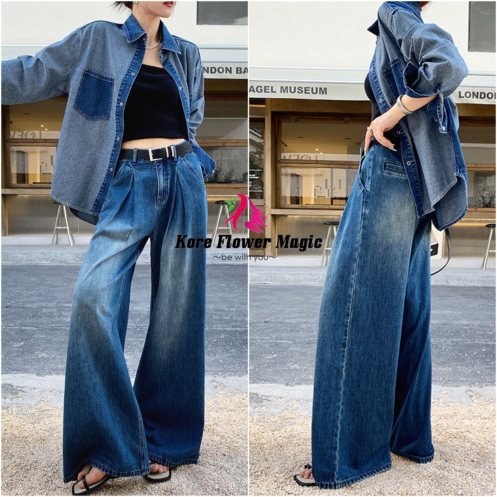 デニム ワイドパンツ ルーズ ハイウエスト レトロブルー S〜XL