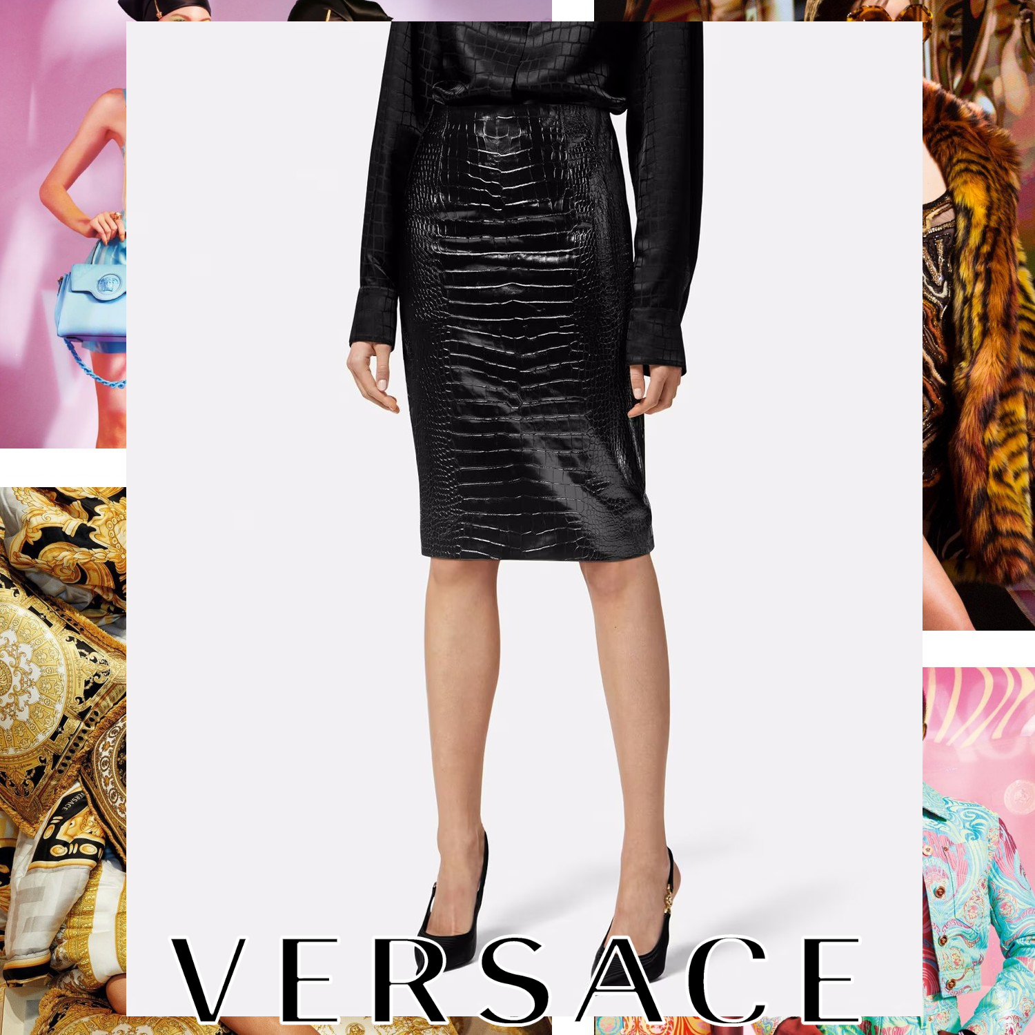 VERSACE レザー ミディスカート ブラック