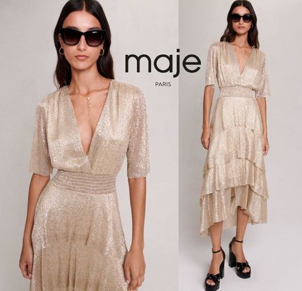 maje Dresses Casual Style Blended Fabrics Flared V-Neck Medium Long