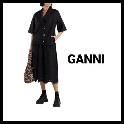 Ganni Dresses Casual Style V-Neck Plain Cotton Medium Short Sleeves