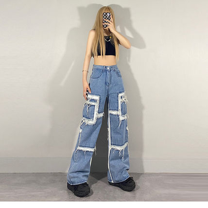 デニム ダメージ加工 ワイドパンツ パンツ ハイウエスト 韓国
