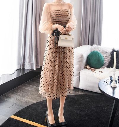 ワンピース ドレス ロング ドット柄 シースルー パフスリーブ