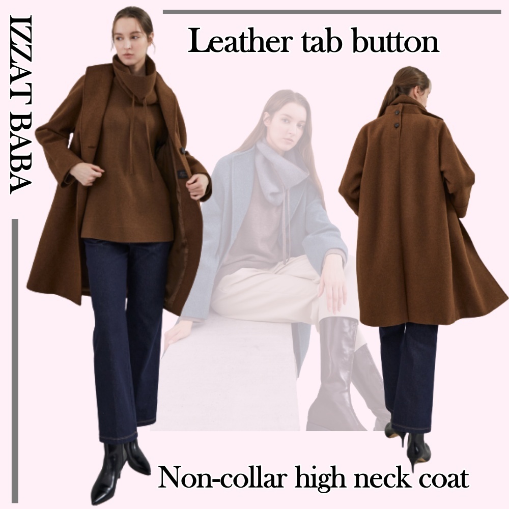 IZZAT BABA レザータップボタンノンカラーハイネックコート