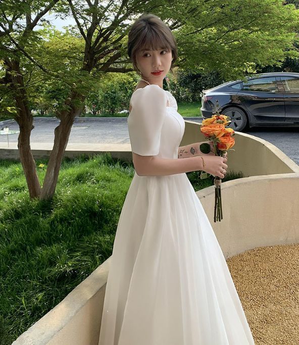 ウェディングドレス ドレス ロング丈 半袖 無地 上品 結婚式
