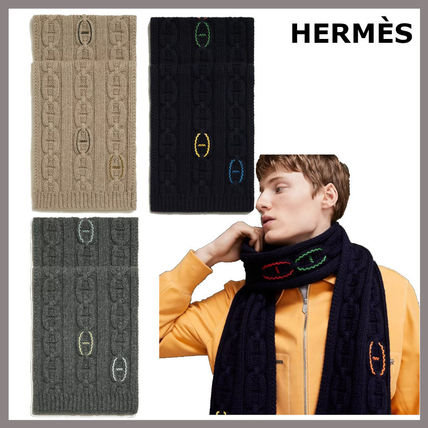 HERMES Scarves Cashmere Street Style Plain Logo Scarves