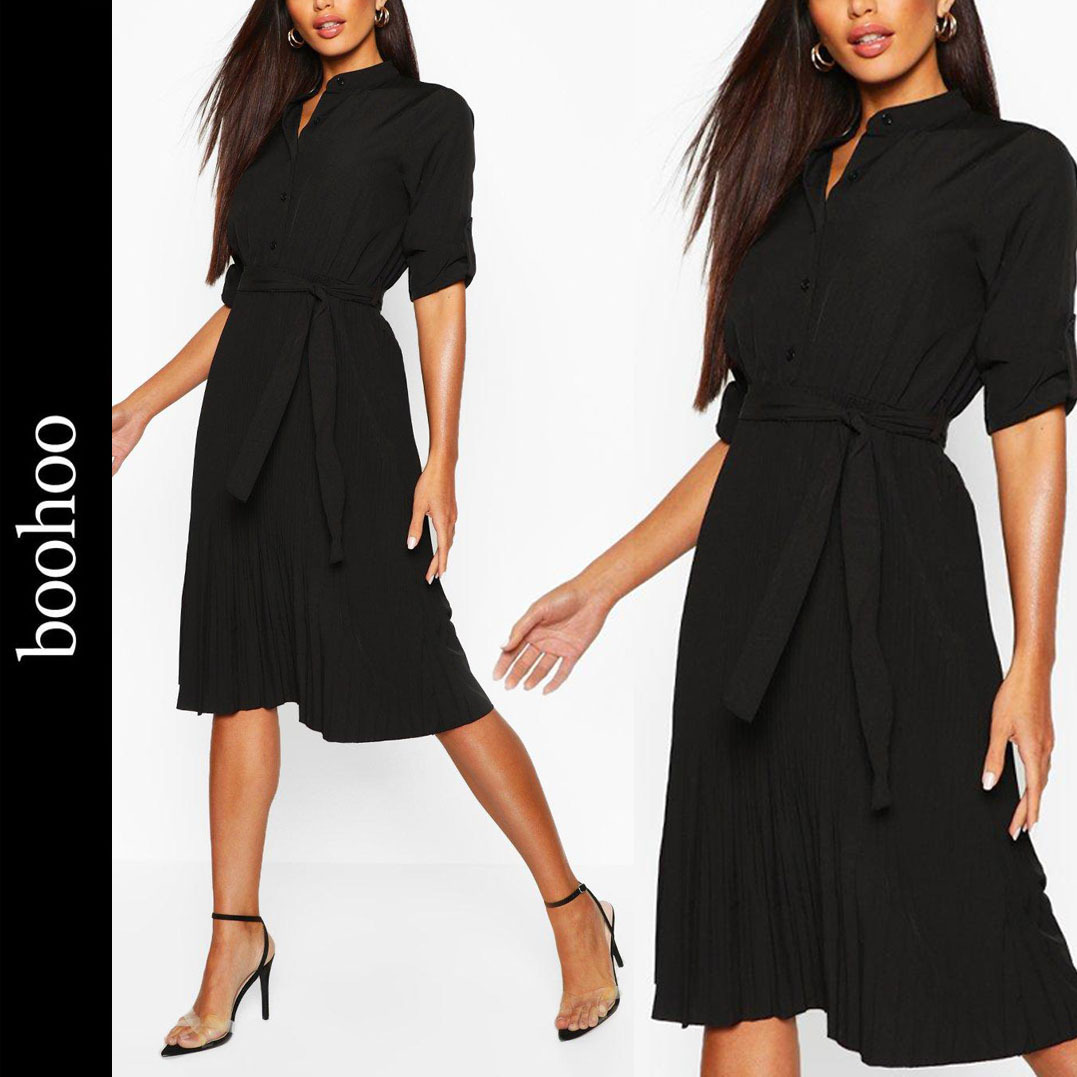 【国内即発】boohoo☆Black プリーツカラーレスシャツワンピース