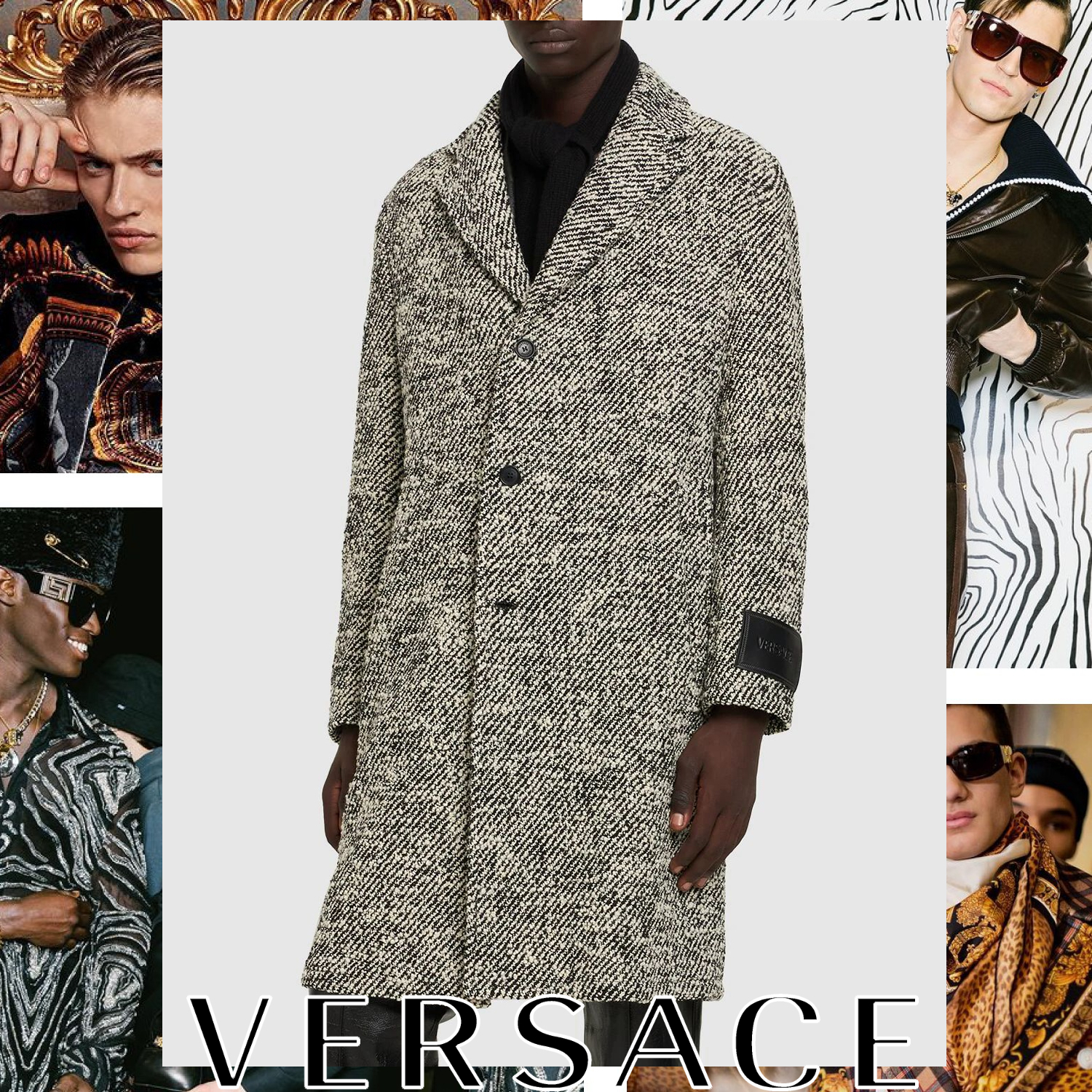 VERSACE ダイアゴナルウールロングコート グレー