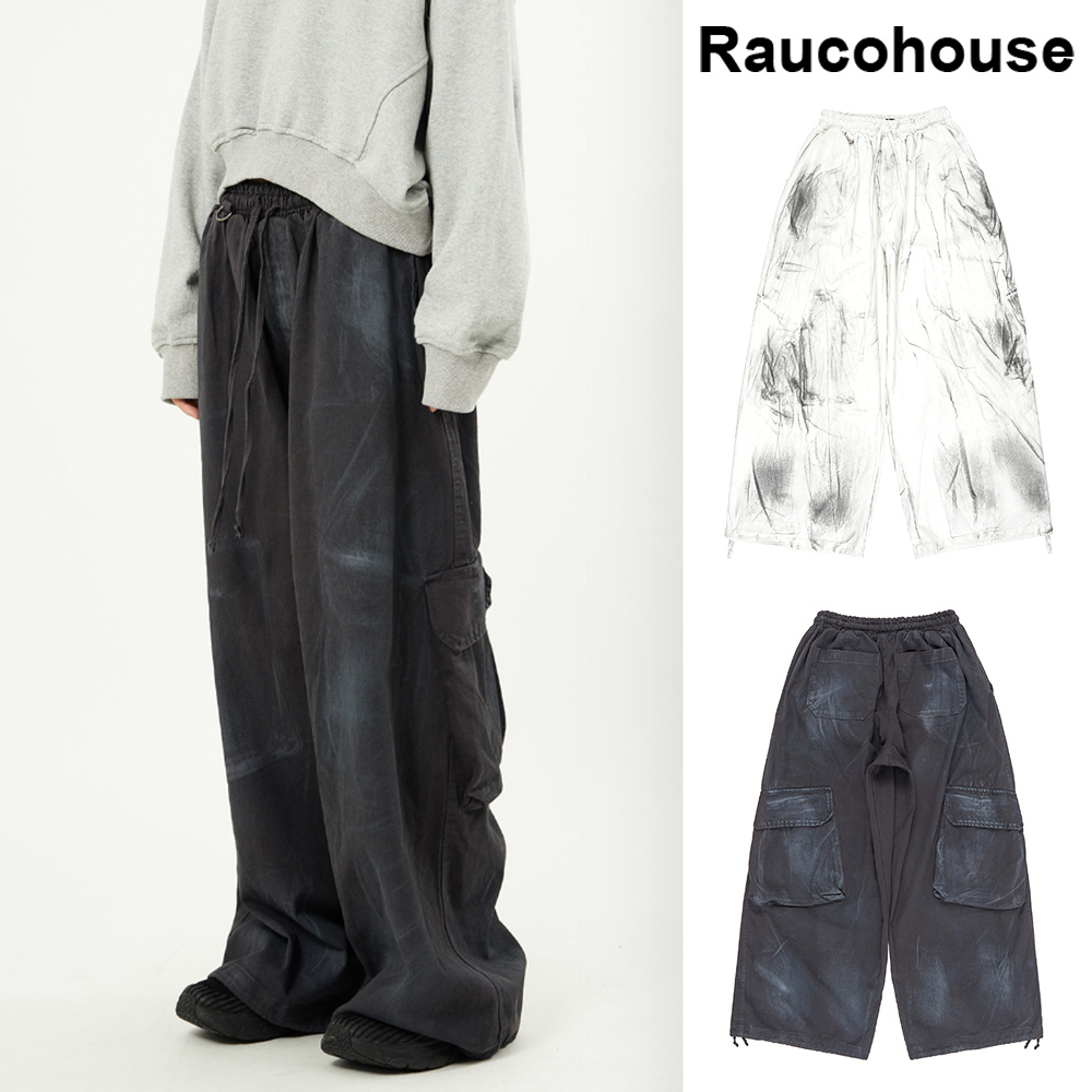 【Raucohouse】Oil washed back cargo wide banding pants