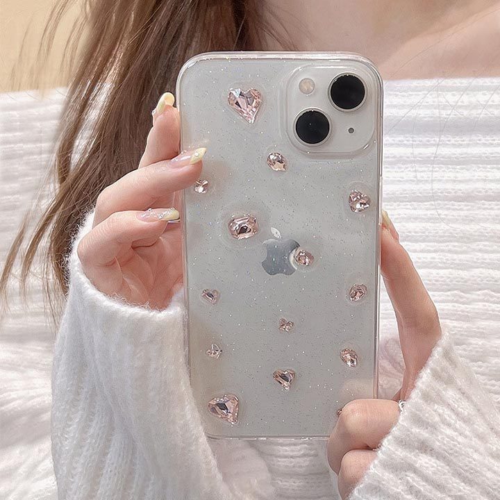 ピンクミラーグリッターに白の名入れが大人可愛いスマホケース アイフォンケース iPhone ビジュー ラメ クリア 透明 ピンク