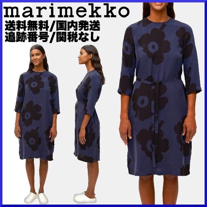 marimekko Dresses Crew Neck Flower Patterns Casual Style A-line Cropped Medium