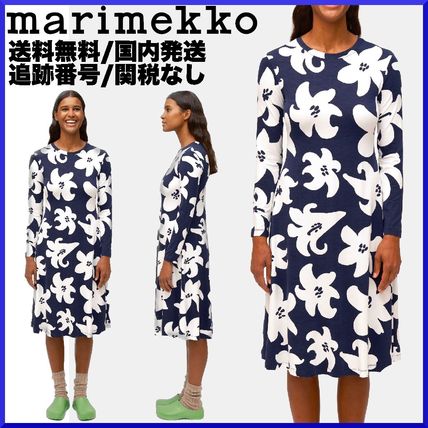 marimekko Dresses Crew Neck Flower Patterns Casual Style A-line Long Sleeves