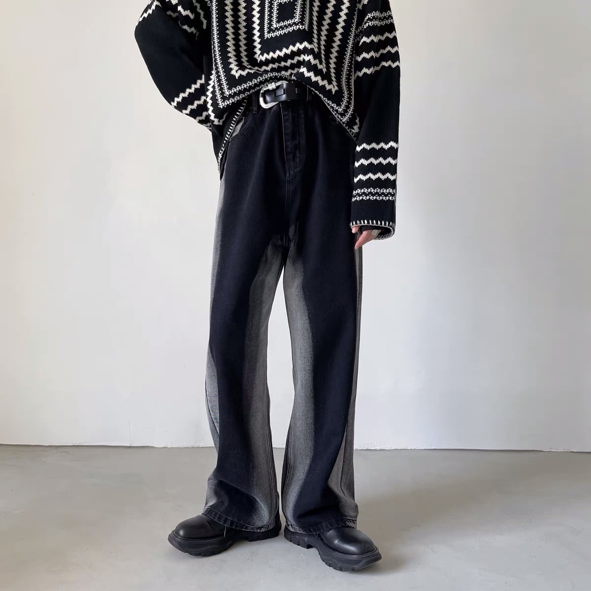 メンズグラデーションデニムパンツジッパーストリート