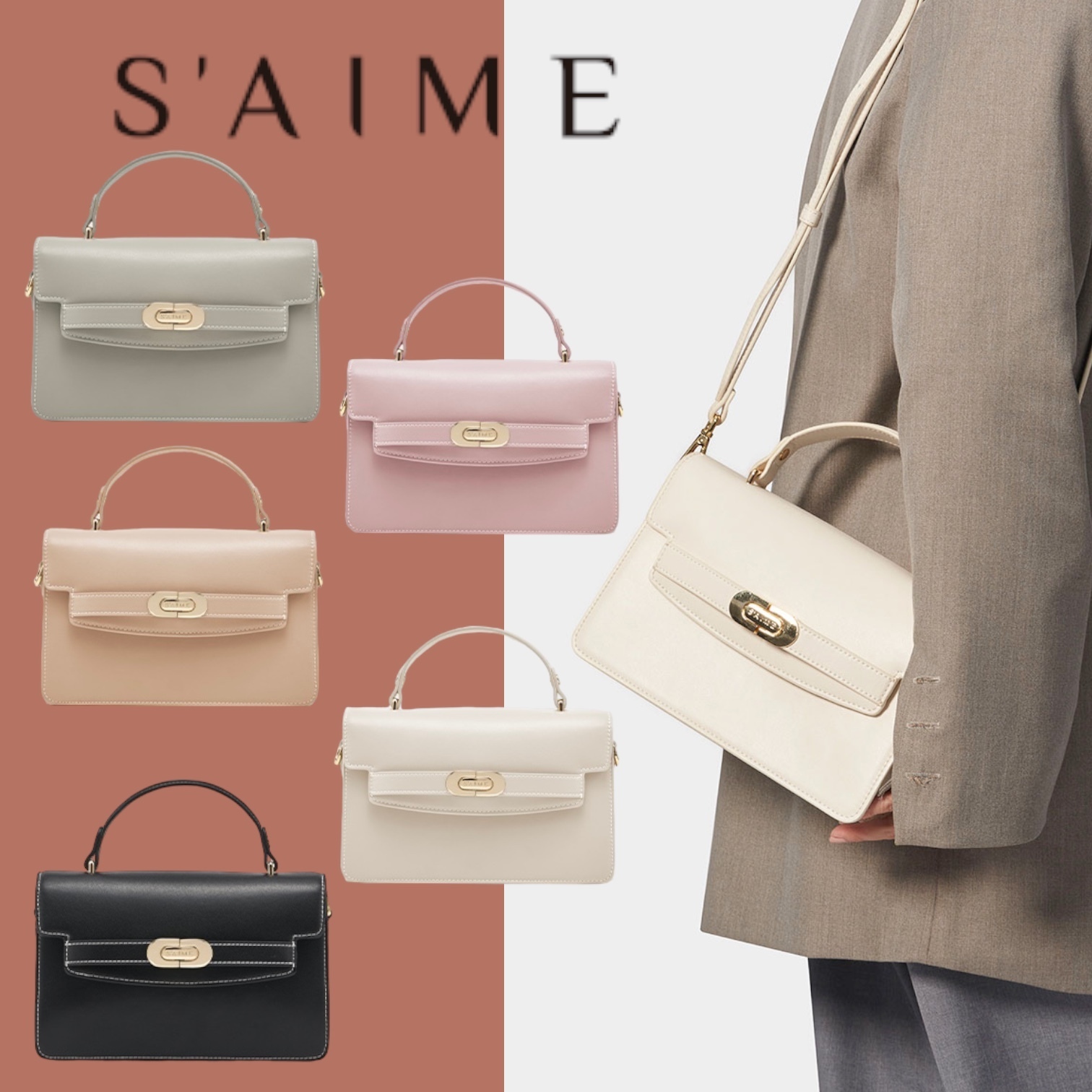 ★S'AIME★真皮橢圓金釦手提風琴包 ハンドバック/送料込