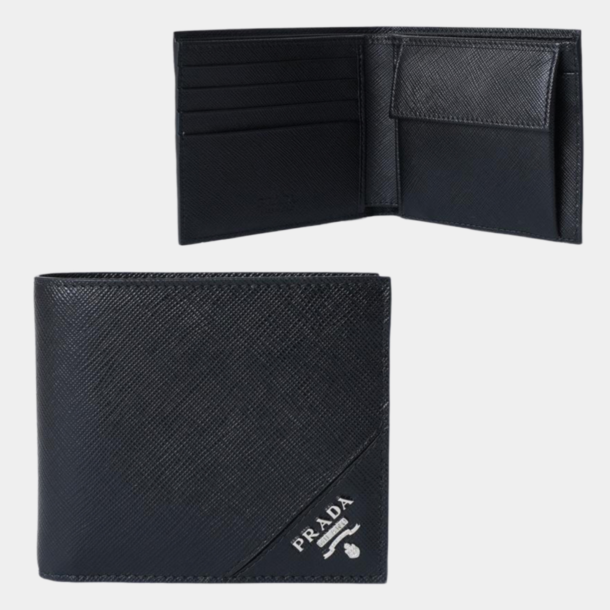 【PRADA】ポケット付きサフィアーノロゴレザーウォレット/black