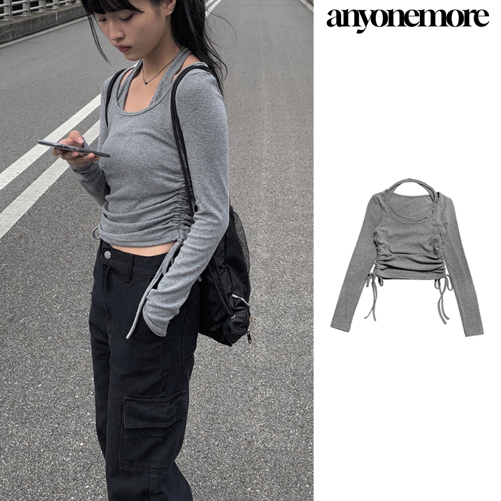 【Anyone more】Halter Sleeveless Shirring Long Sleeve Set