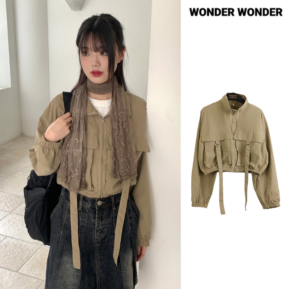 【WONDER WONDER】Kuka D-ring strap pocket crop zip-up jacket