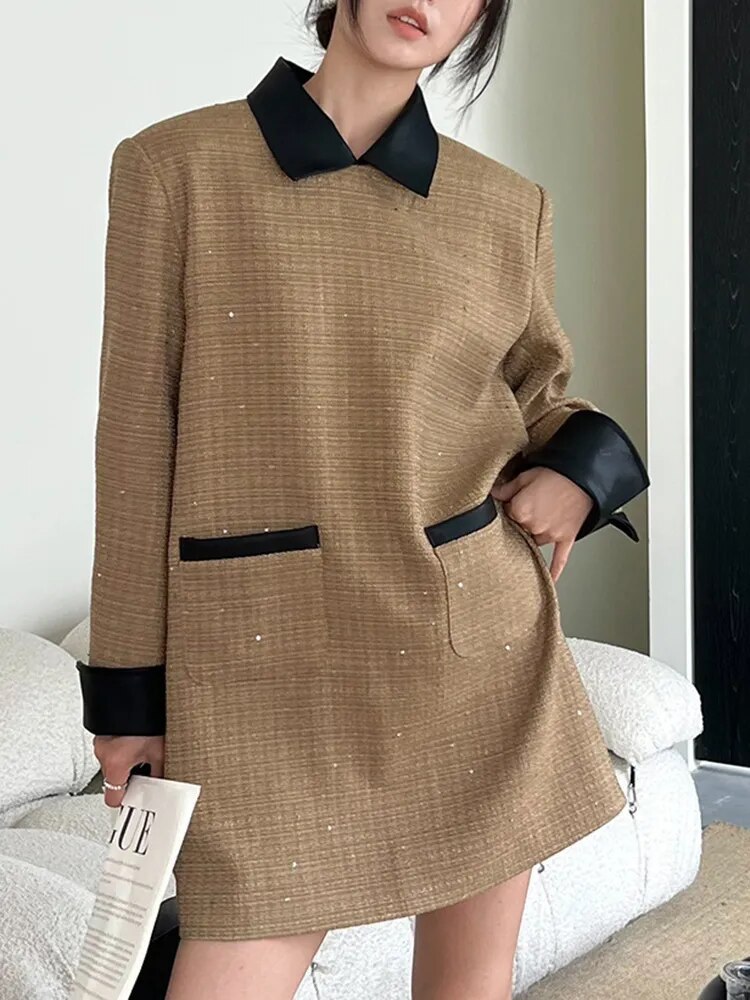 オシャレ 長袖 フェイクレザー コンビ ワンピース