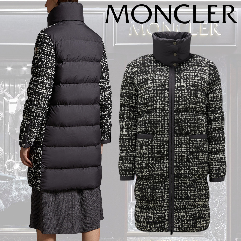 【MONCLER】Rhoneロングダウンジャケット ロゴパッチ ツイード