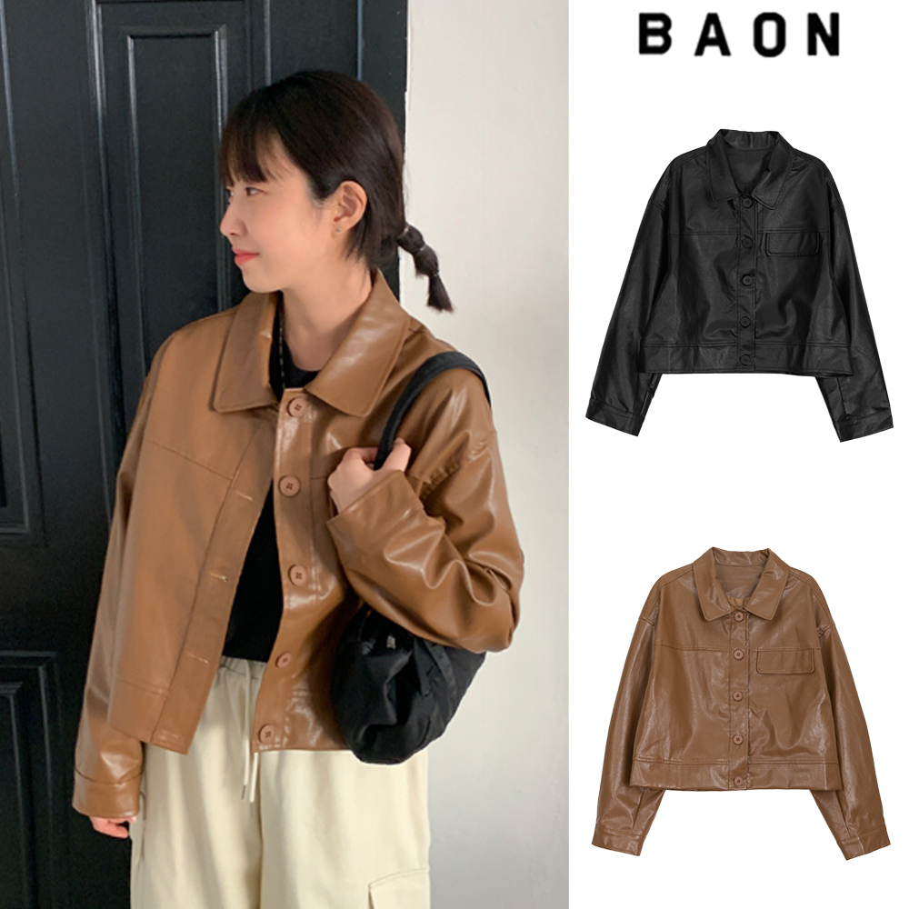 【BAON】Ruden Pocket Collar Cropped Leather Jacket