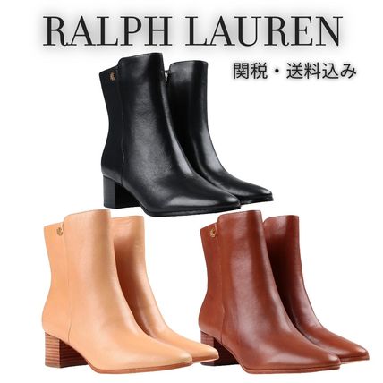 LAUREN RALPH LAUREN Mid Heel Plain Leather Logo Mid Heel Boots