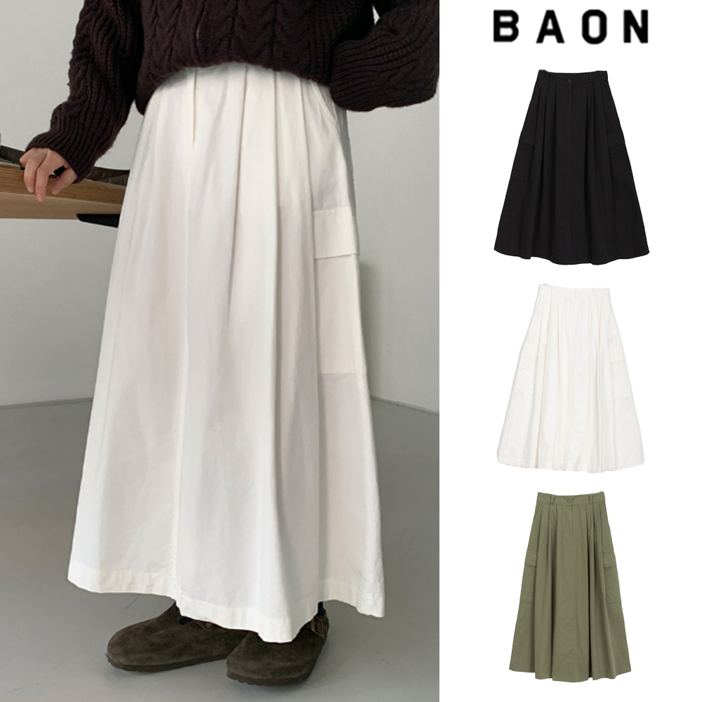 【BAON】Goho banding pin tuck cotton long skirt
