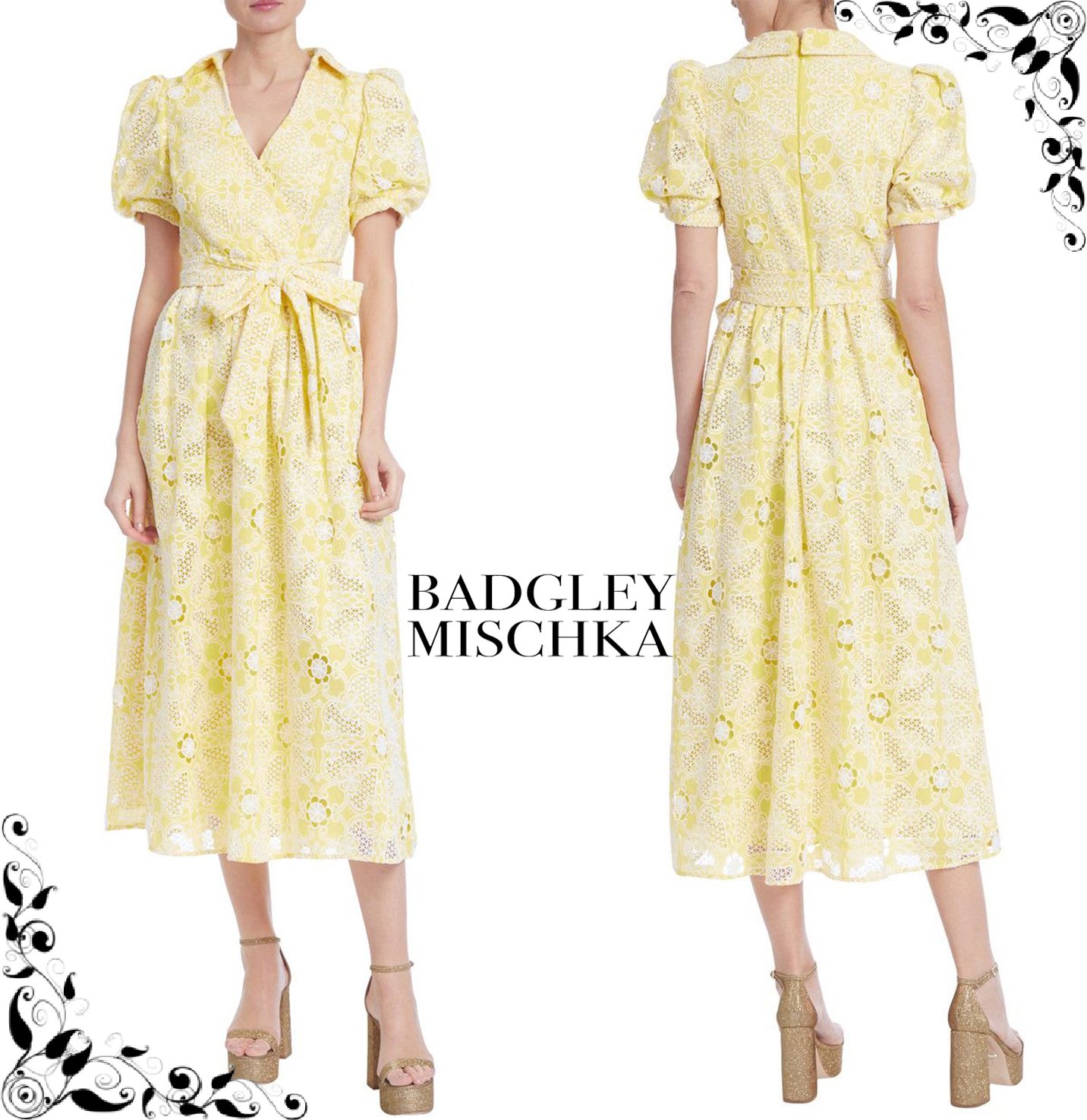 Badgley Mischka☆フローラルレースのカシュクールワンピース