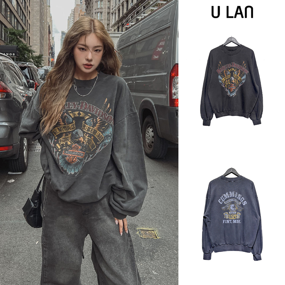 【U LAN】(UNISEX) Moto Vintage Pigment Sweatshirt