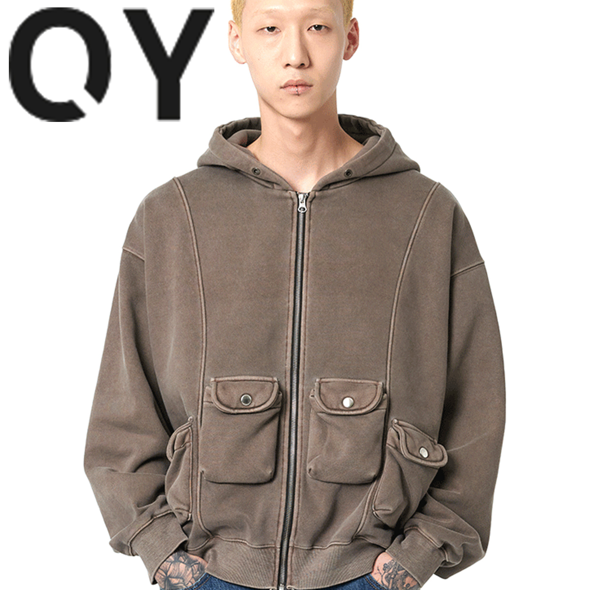 ★OY★PIGMENT 4 POCKET HOODIE ZIP UP-BROWN★正規品/直送料込