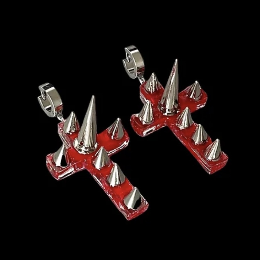 国内で当店のみ 666999 - Bleeding cross spikes drop earrings