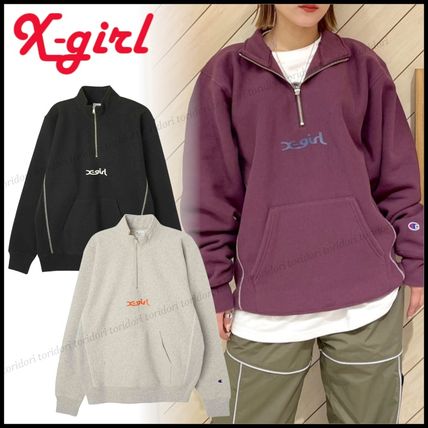 X-girl Hoodies & Sweatshirts Unisex Street Style Collaboration Long Sleeves Plain Cotton