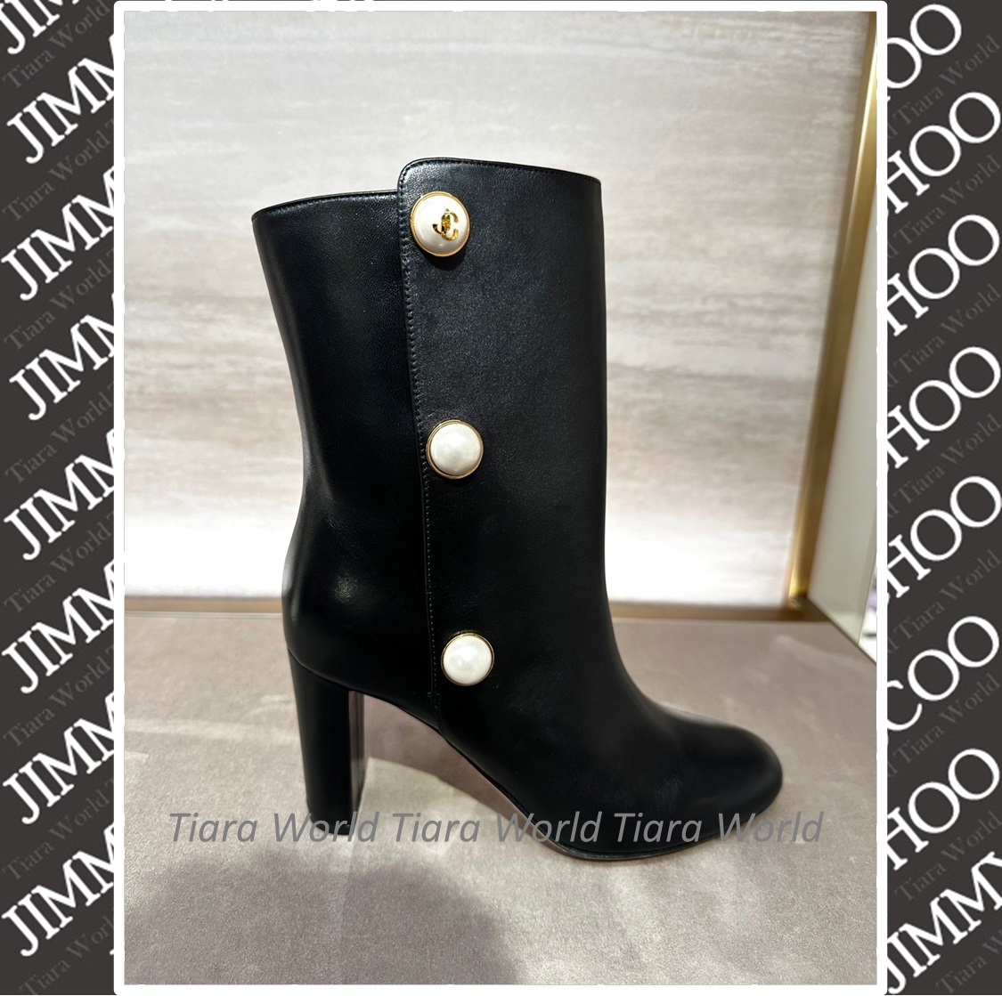 JCエンブレム★Jimmy Choo RINA 85 パールボタン ブーツ BLACK