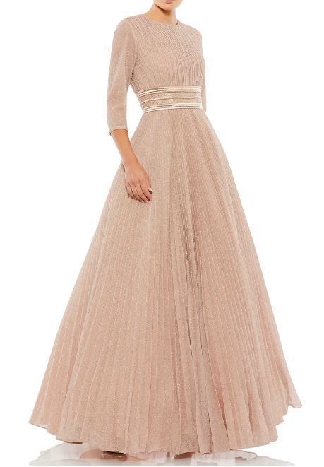 MAC DUGGAL プリーツAライン七分袖ガウン ローズゴールド