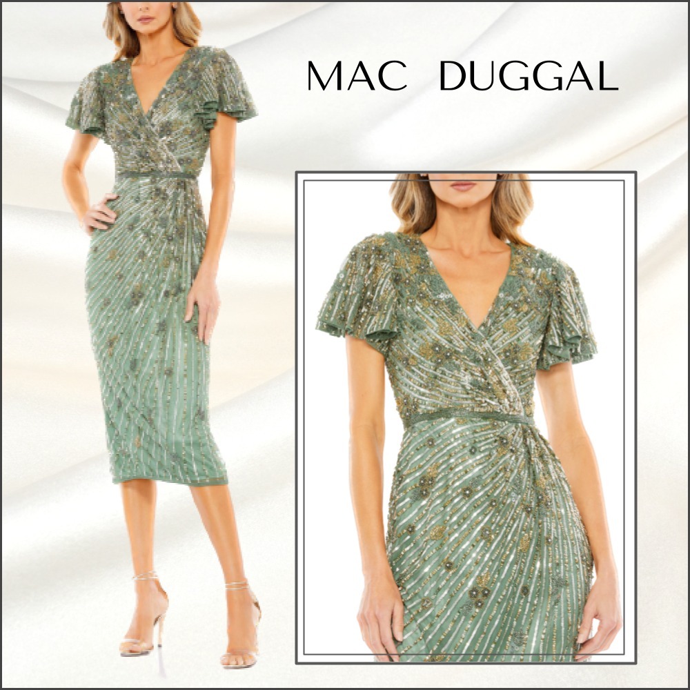 【MAC DUGGAL】ミディ ワンピース ストライプ ビーズ グリーン