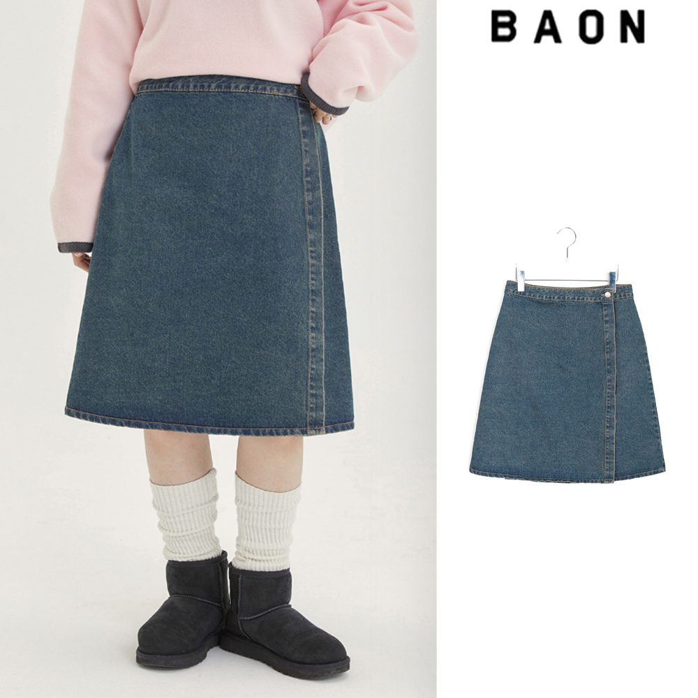 【BAON】23FW★ [BAONHAUS] Elgo wrap midi denim skirt