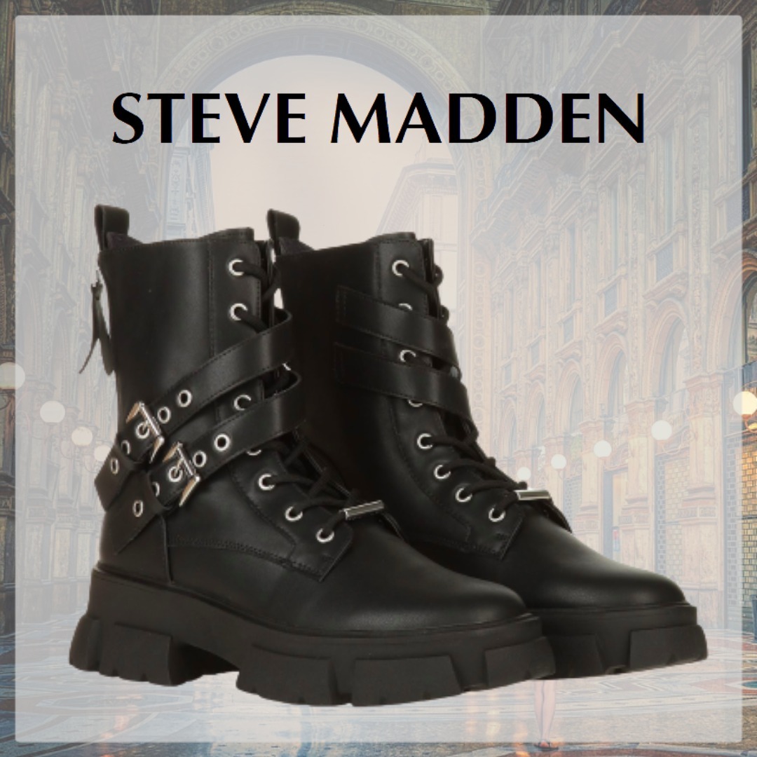 STEVE MADDEN* ロゴ バックル付き チャンキーブーツ ブラック