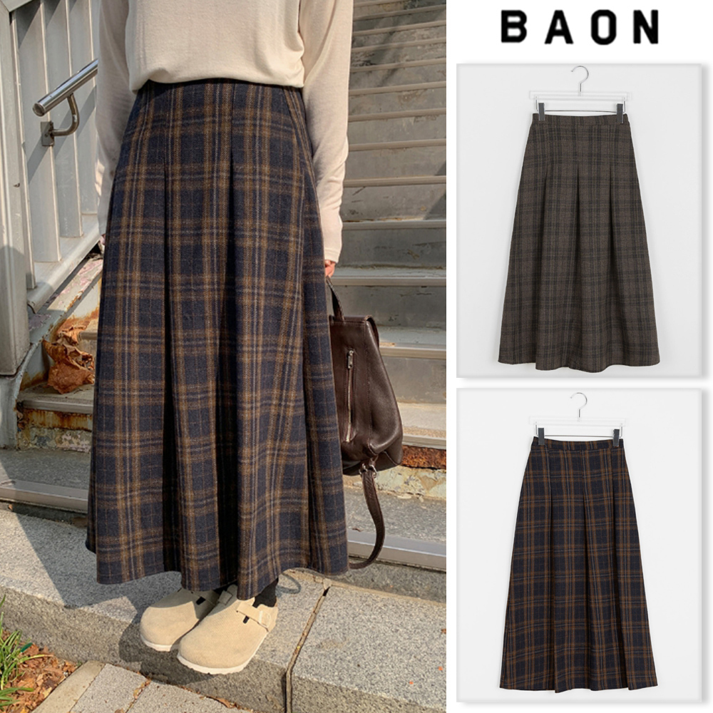 【BAON】Rooming Check Wool Banding Pleated Long Skirt