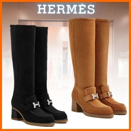 美品 エルメス HERMES ブーツ ロングブーツ ヒール サイドジップ スウェードレザー シューズ レディース 34.5(21.5cm相当) ブラック