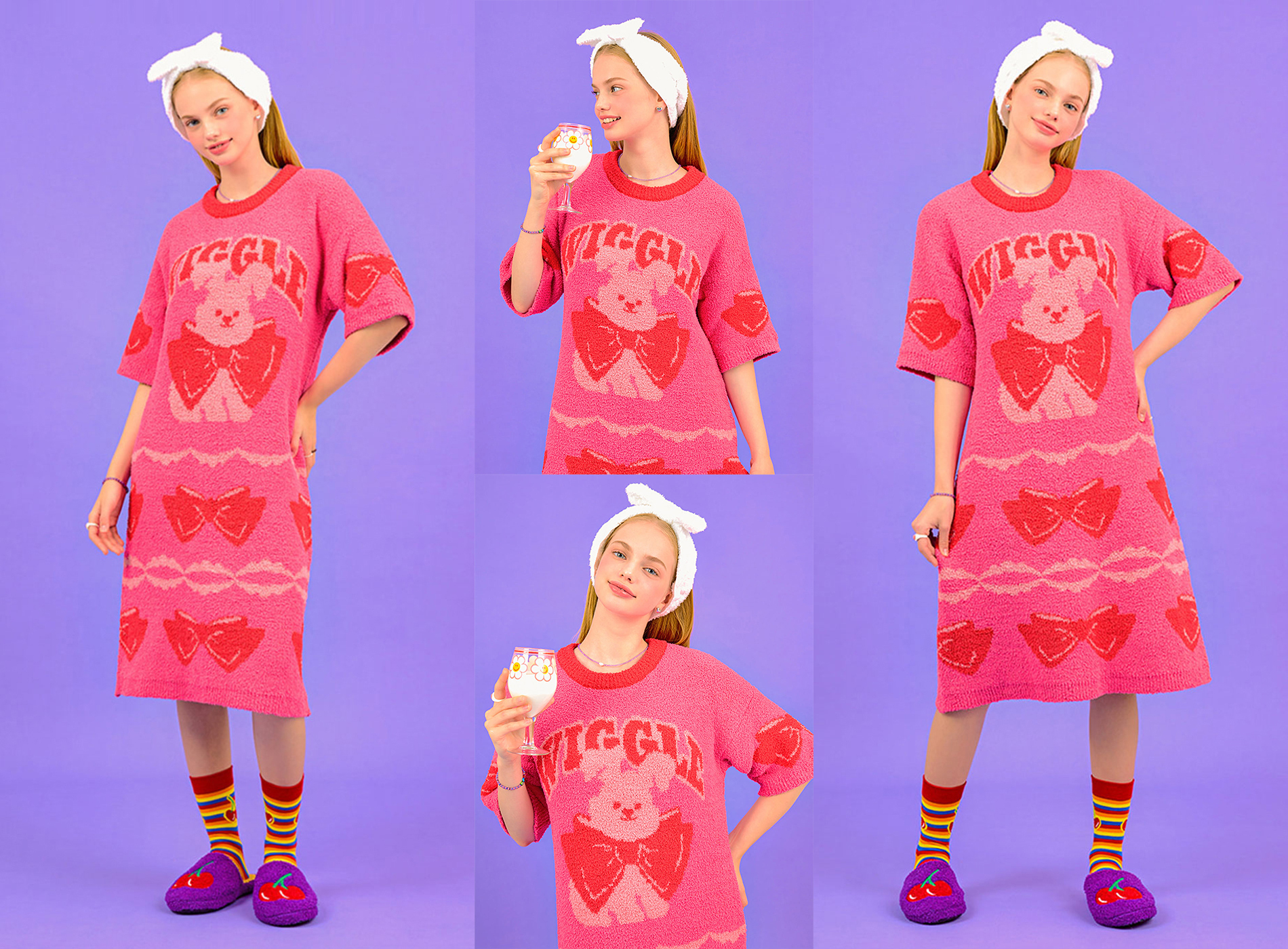 Wigglewiggle★Pajamas Dress Fluffy Rabbit パジャマワンピース Wiggle Wiggle】韓国雑貨新作☆ Sleep Dress 寝巻きワンピース