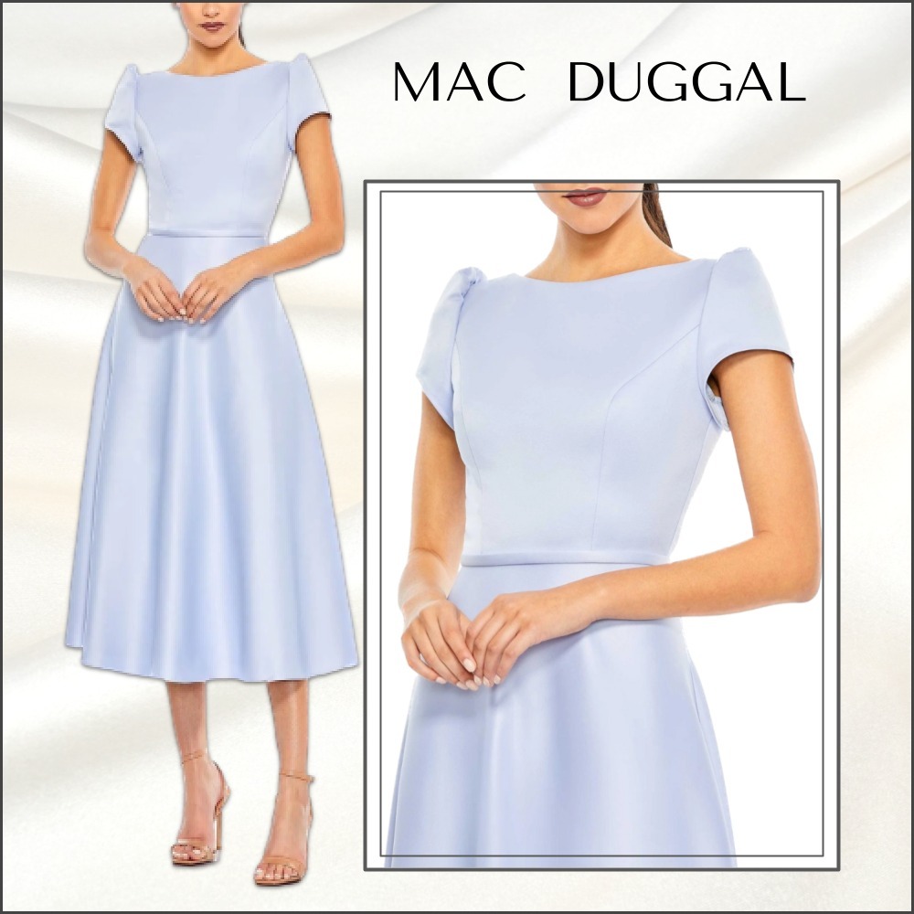 【MAC DUGGAL】ミディ ワンピース Aライン サテン ブルー