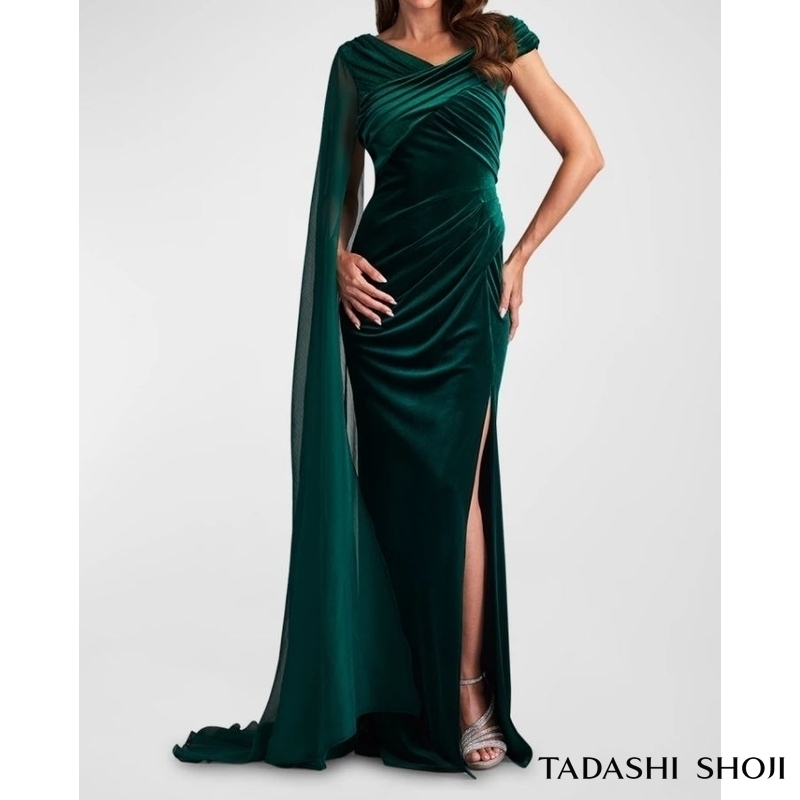 TADASHI SHOJI タダシ ショウジ ベルベットドレスワンショルダー タダシショージ新作 ベルベットワンショルダー ロングドレス 緑
