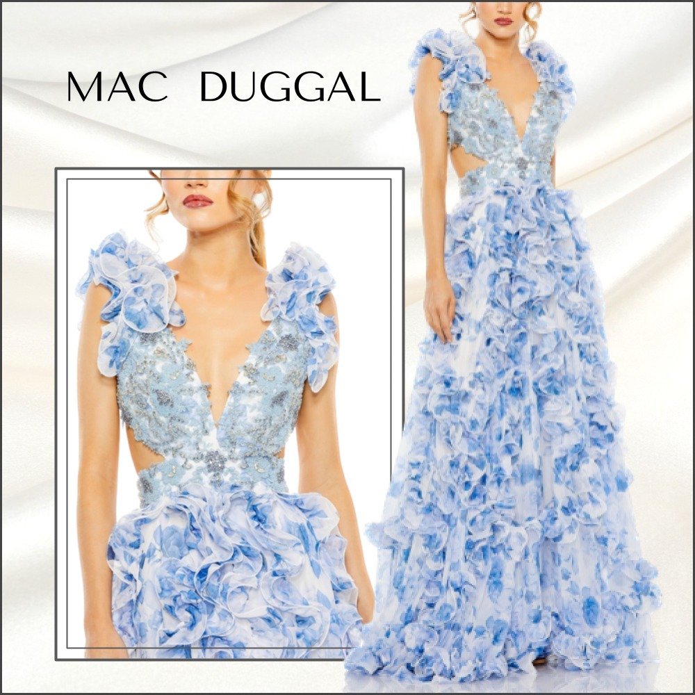 【MAC DUGGAL】ロング ドレス フリル カットアウト 花柄 ブルー