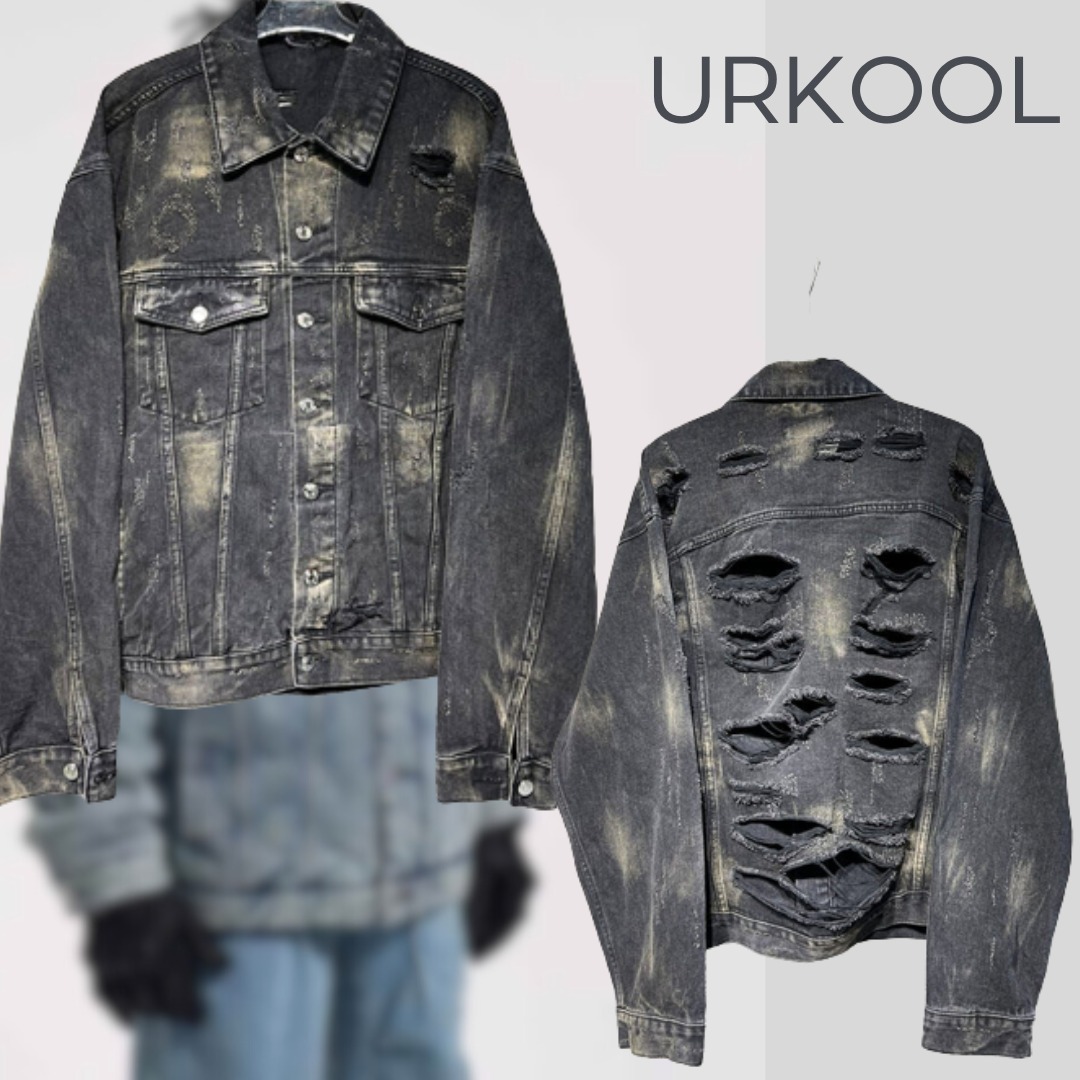 URKOOL ダメージ ブラック デニムジャケット