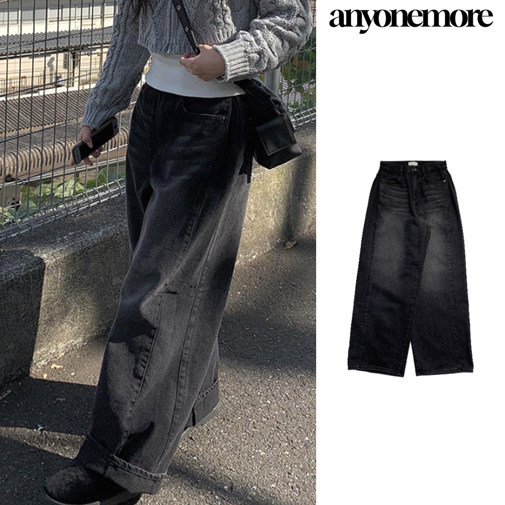 【Anyone more】Ile black blue pleated denim pants