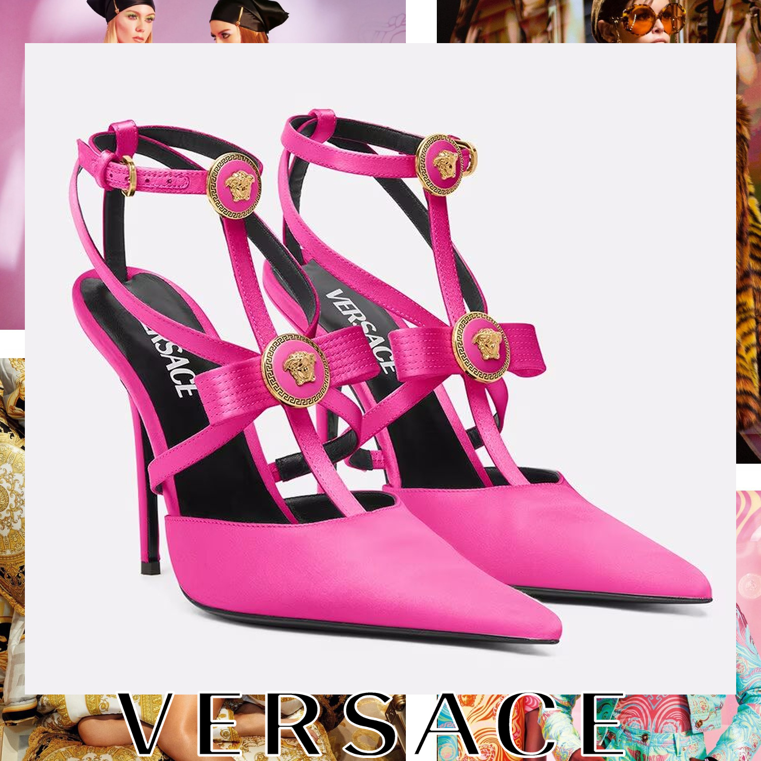 VERSACE ジャンニ リボン ケージ サテン パンプス ピンク