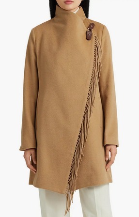 【Ralph Lauren】Fringe Drape Wool Blend Coat Lauren in Camel