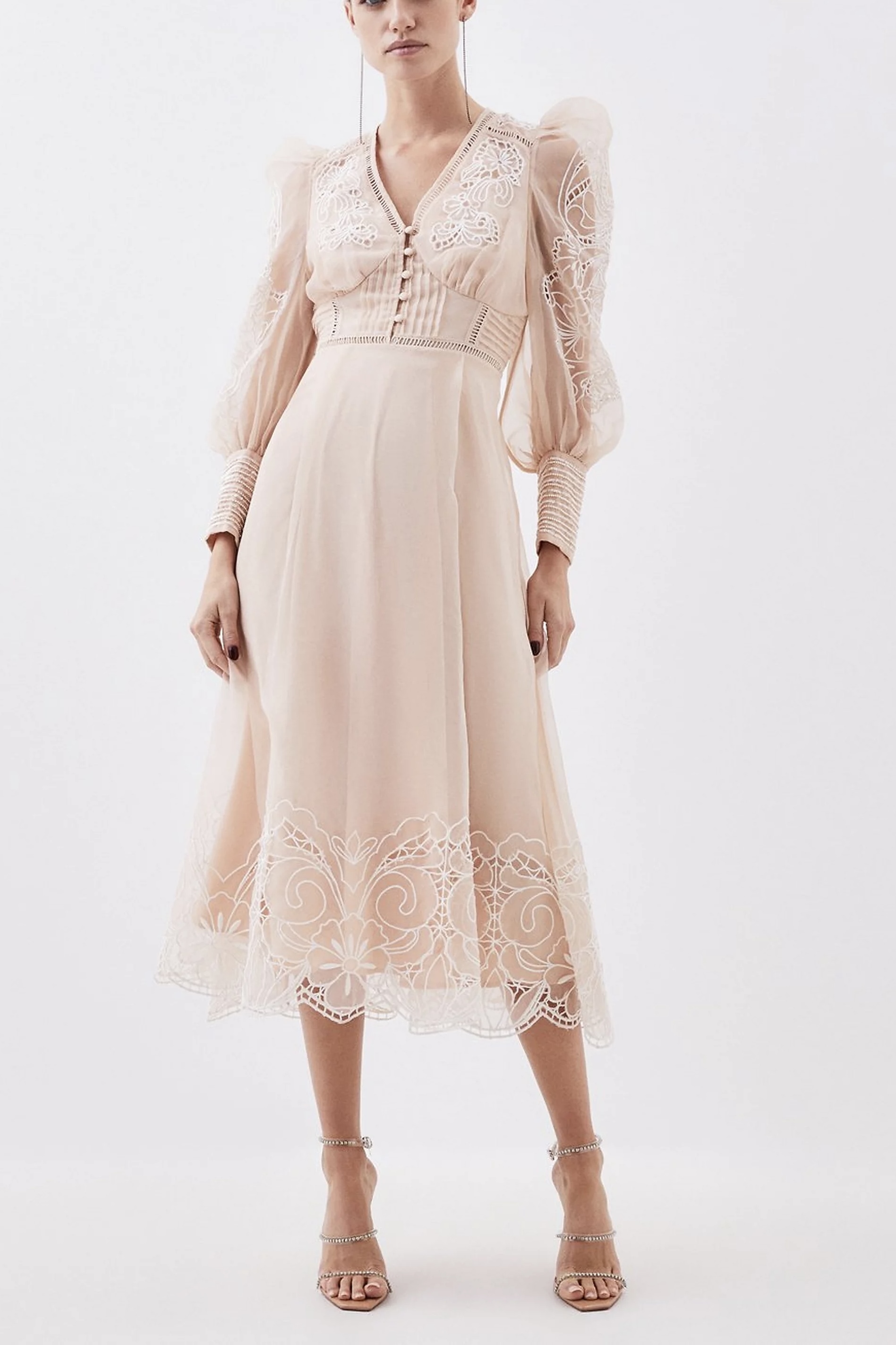 KAREN MILLEN マキシドレス カットワーク 長袖 ベルト ボタン KAREN MILLEN ロング丈ドレス ワンピース ベルト ボタン (Karen
