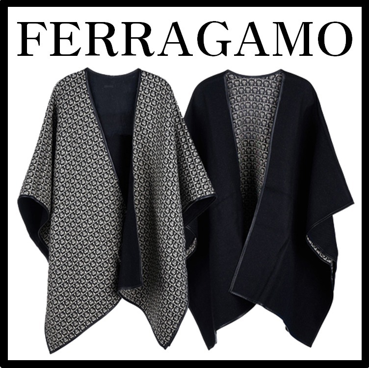 関税込★Ferragamo★リバーシブル ストールポンチョ ケープBLACK
