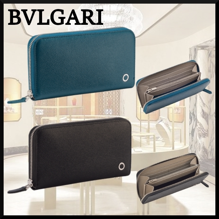 【BVLGARI】マン ジップ付き 無地 ラージウォレット 長財布